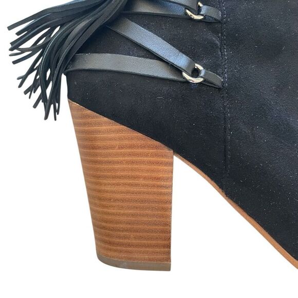 Marc Fisher Black Suede Brown Heeled Booties Boots Shoes Women’s Sz 10 M Fringe - Picture 2 of 6